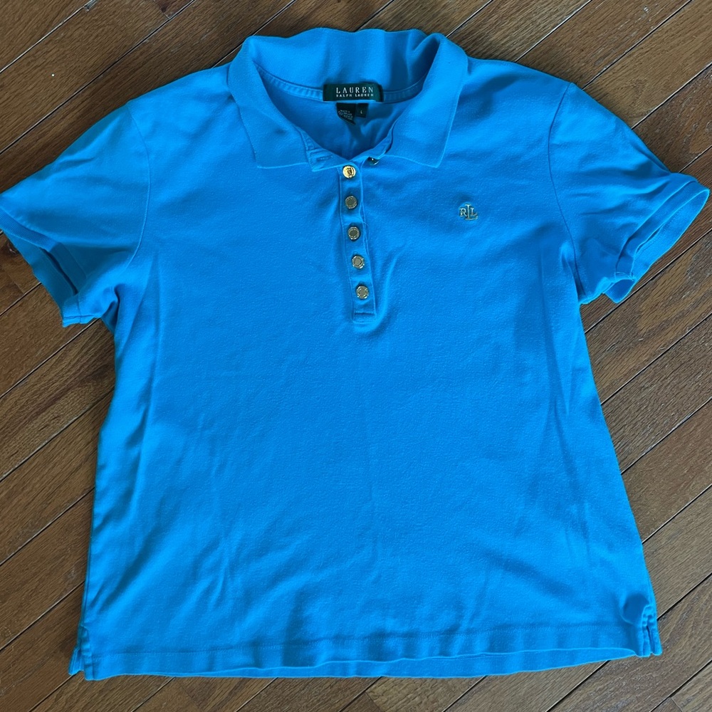 Lauren Ralph Lauren Blue Polo Shirt Women’s L Gold Crest Logo Button Placket - Picture 2 of 4